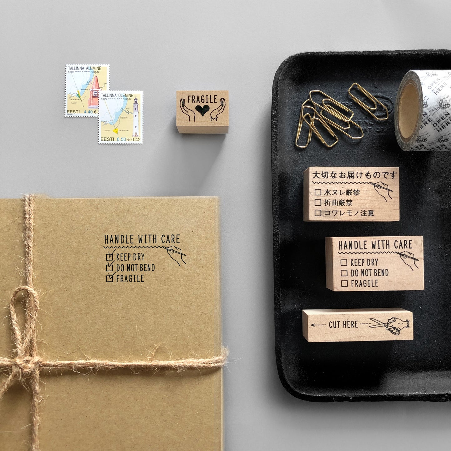 〈HANDLE WITH CARE〉スタンプ|取扱注意